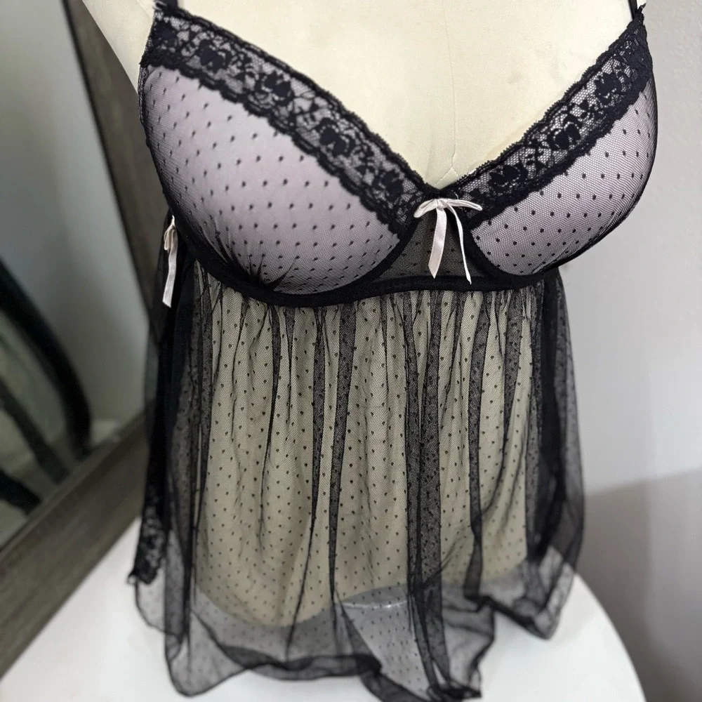 Dreamgirl Black Chemise with Lace Trim and Sheer Mesh